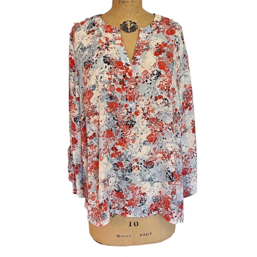 Zac & Rachel Floral Long Sleeve Blouse - Red, White, and Blue - Size 2X